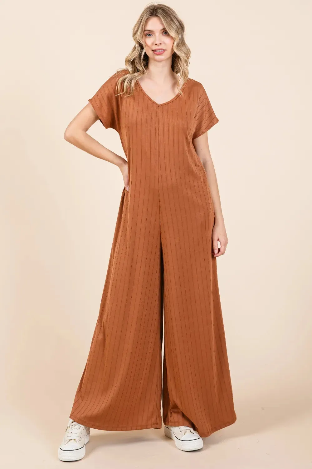BOMBOM Ribbed Short Sleeve Wide Leg Jumpsuit sold by Gigi Laurent product image thumbnail 4