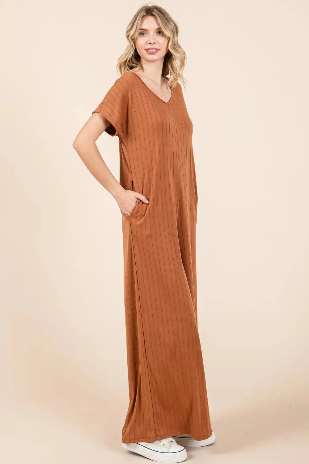BOMBOM Ribbed Short Sleeve Wide Leg Jumpsuit sold by Gigi Laurent product image thumbnail 2
