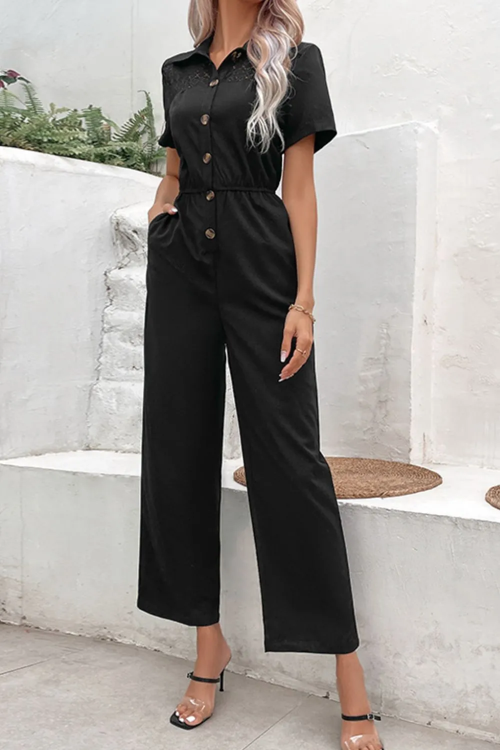 Perfee Collared Neck Short Sleeve Jumpsuit sold by Gigi Laurent product image thumbnail 4