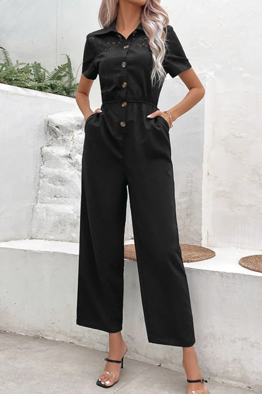 Perfee Collared Neck Short Sleeve Jumpsuit sold by Gigi Laurent product image thumbnail 3