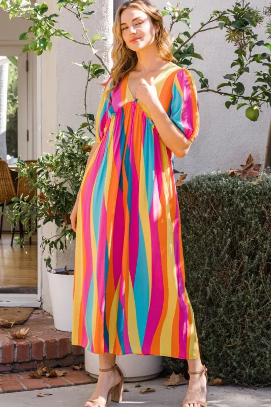 ODDI Full Size Striped Puff Sleeve Wide Leg Jumpsuit sold by Gigi Laurent