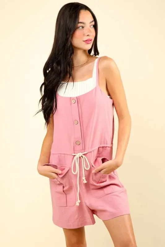 VERY J Half Button Drawstring Sleeveless Romper sold by Gigi Laurent