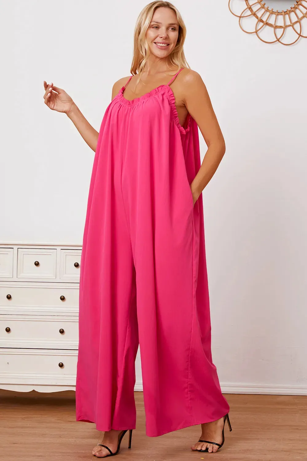 Double Take Full Size Ruffle Trim Tie Back Cami Jumpsuit with Pockets sold by Gigi Laurent product image thumbnail 5