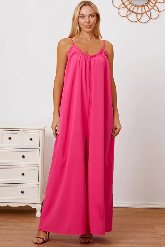 Double Take Full Size Ruffle Trim Tie Back Cami Jumpsuit with Pockets sold by Gigi Laurent