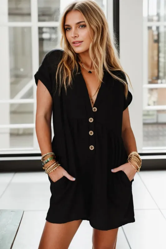 Pocketed V-Neck Short Sleeve Romper sold by Gigi Laurent