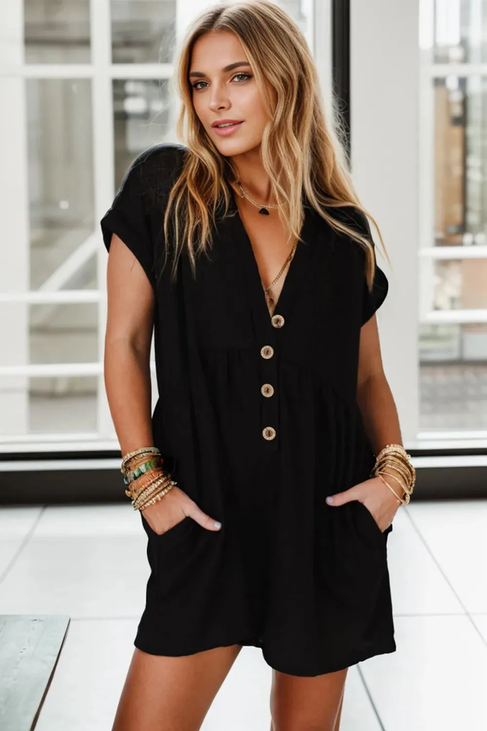 Pocketed V-Neck Short Sleeve Romper sold by Gigi Laurent
