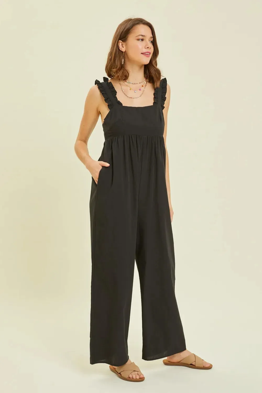 HEYSON Full Size Ruffled Strap Back Tie Wide Leg Jumpsuit sold by Gigi Laurent product image thumbnail 4