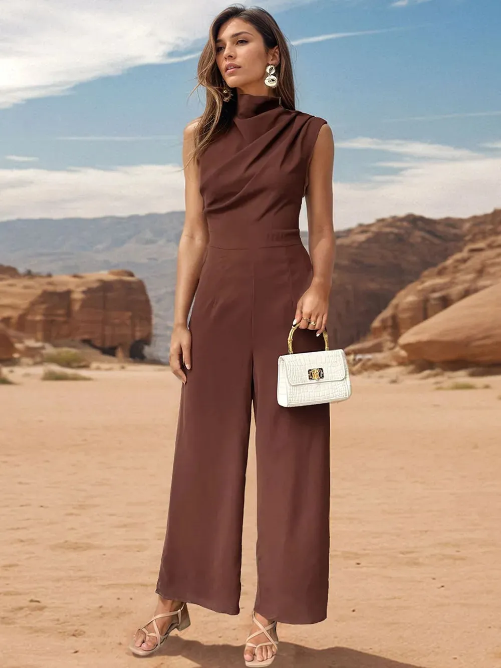 Perfee Ruched Mock Neck Sleeveless Jumpsuit sold by Gigi Laurent