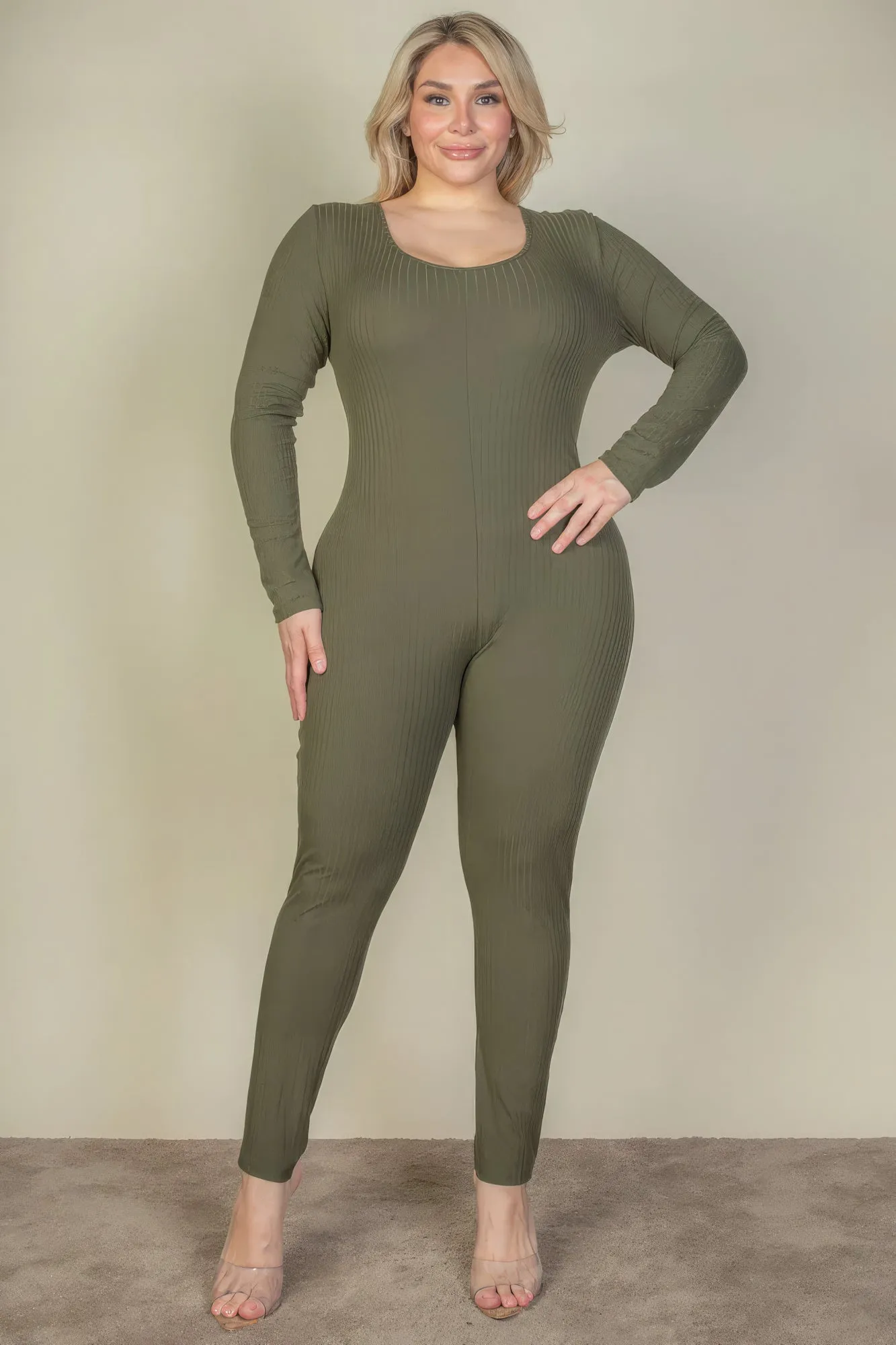 Plus Size Ribbed Scoop Neck Long Sleeve Jumpsuit sold by Gigi Laurent