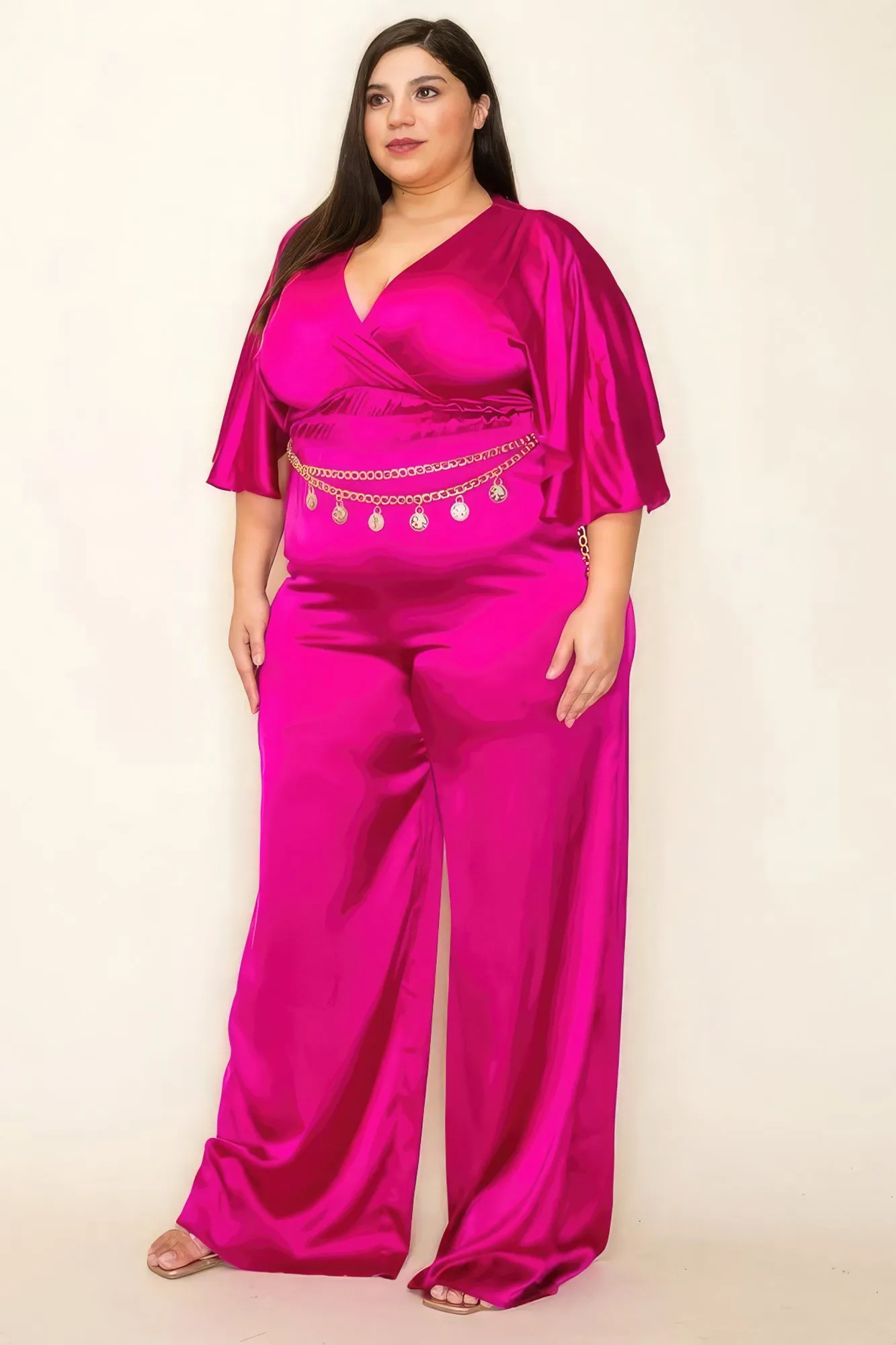 Satin Wrap Front Short Sleeve Smocked Waist Jumpsuit sold by Gigi Laurent product image thumbnail 2