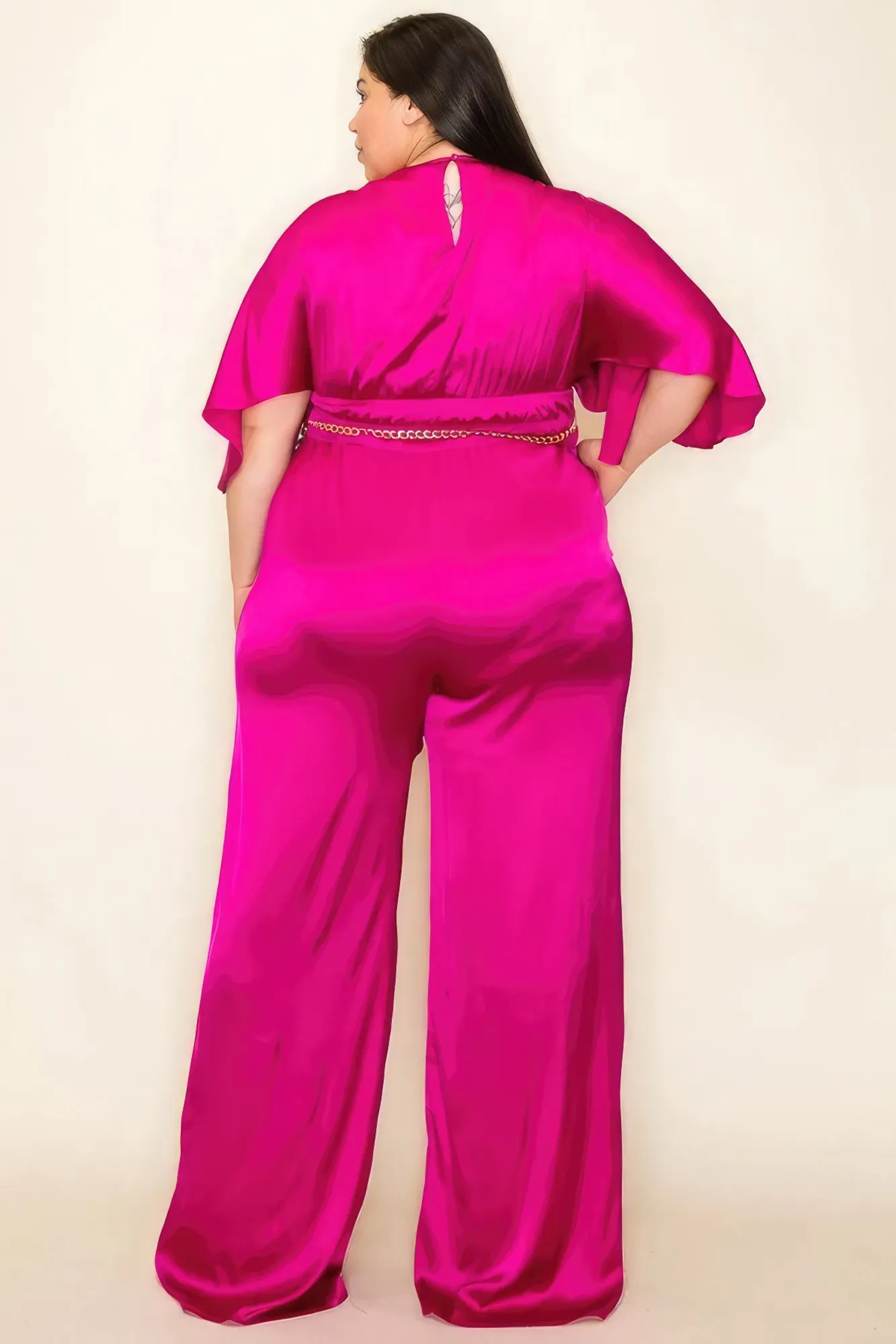 Satin Wrap Front Short Sleeve Smocked Waist Jumpsuit sold by Gigi Laurent product image thumbnail 3