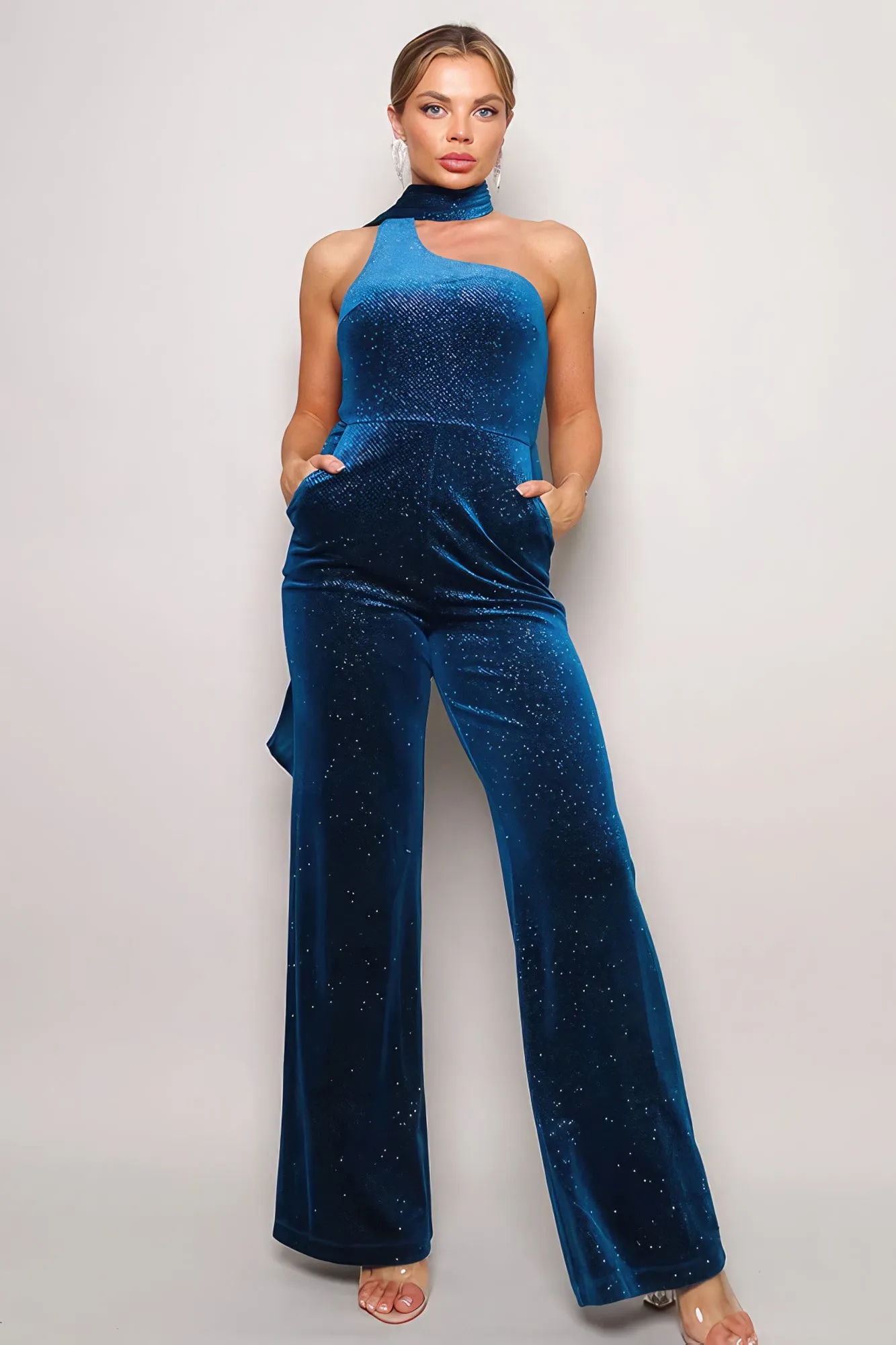 Scarf Top Glitter Velvet Jumpsuit sold by Gigi Laurent