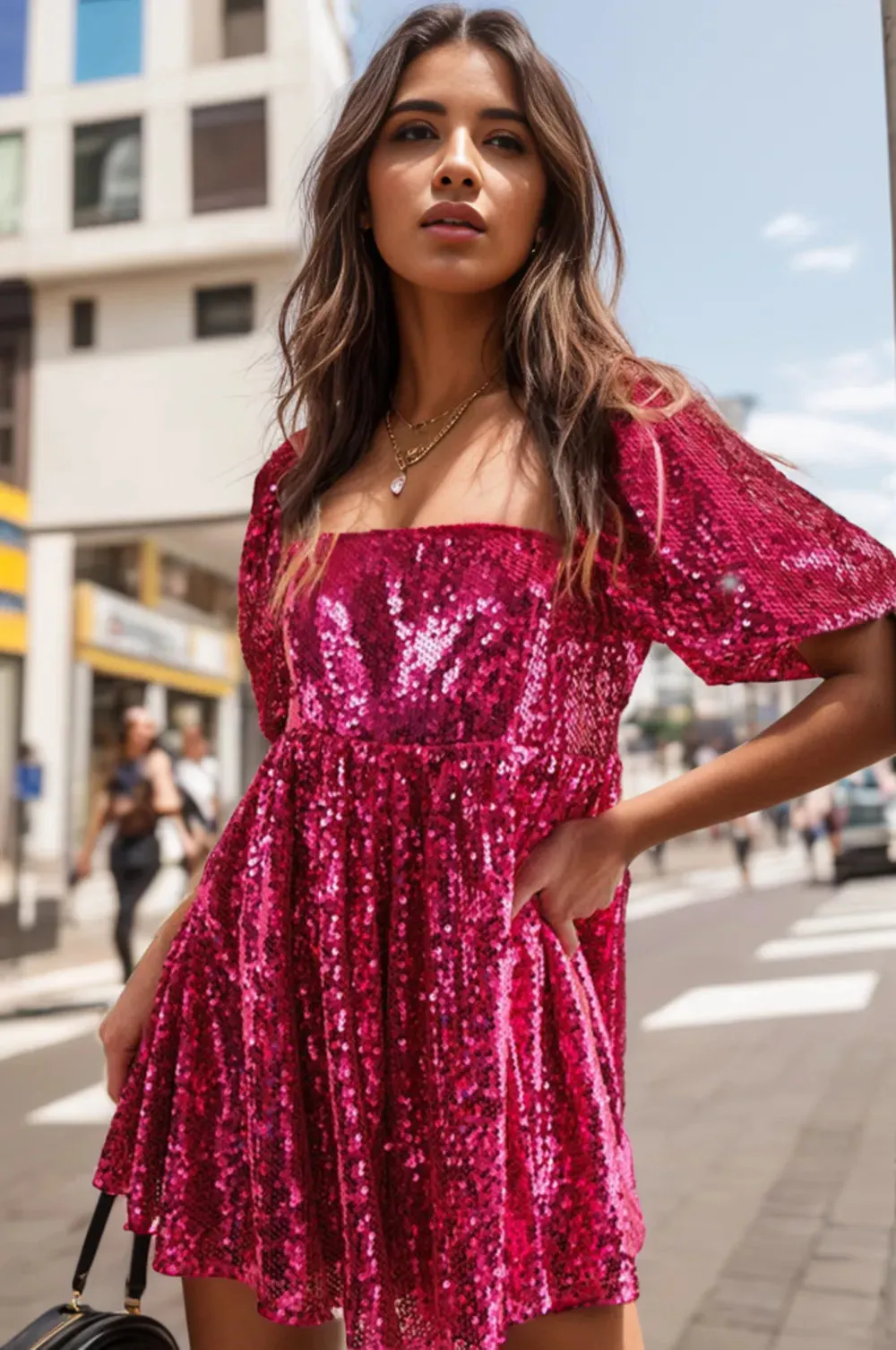 Sequin Square Neck Balloon Sleeve Romper sold by Gigi Laurent