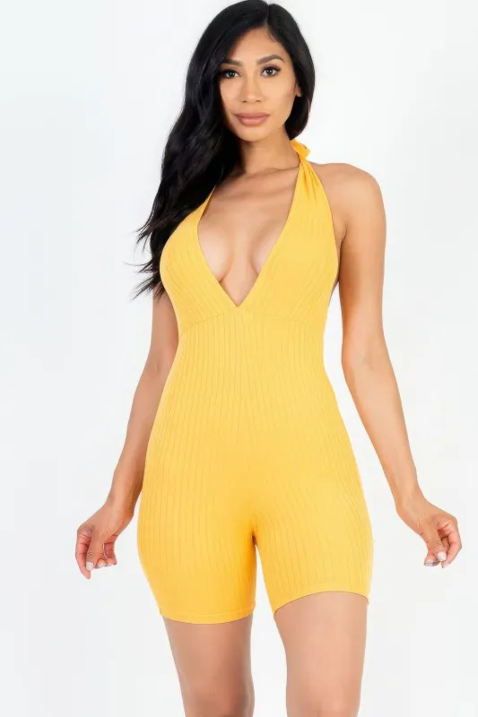 Casual Solid Halter V Neck Ribbed Bodycon Romper sold by Gigi Laurent