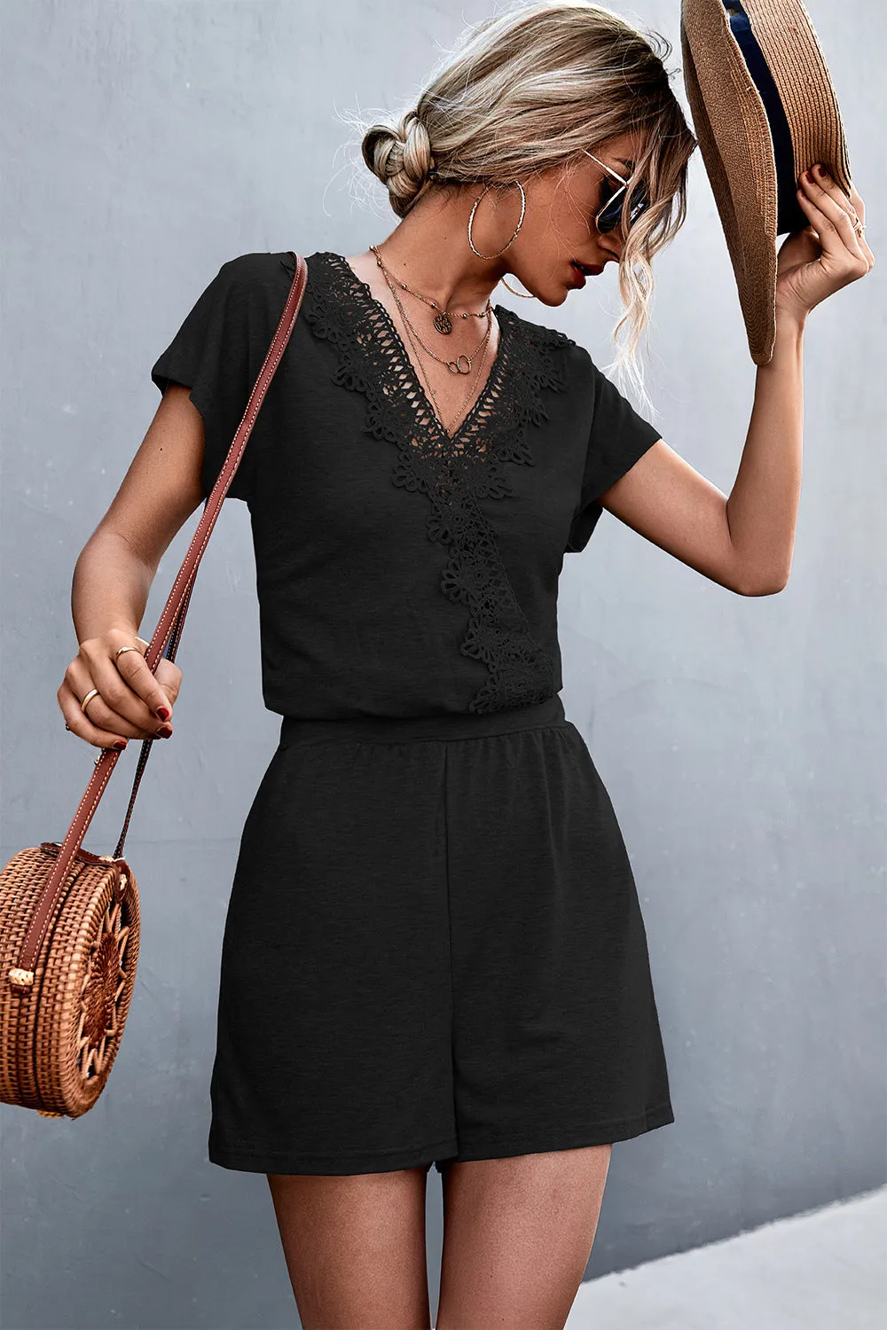 Lace Trim V-Neck Romper sold by Gigi Laurent