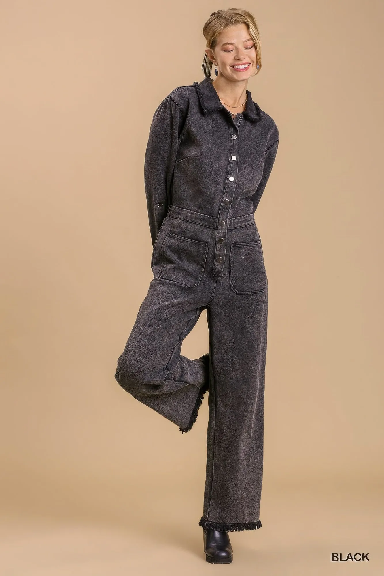 Mid button down stone wash wide leg distressed jumpsuit & side pockets with no lining sold by Gigi Laurent