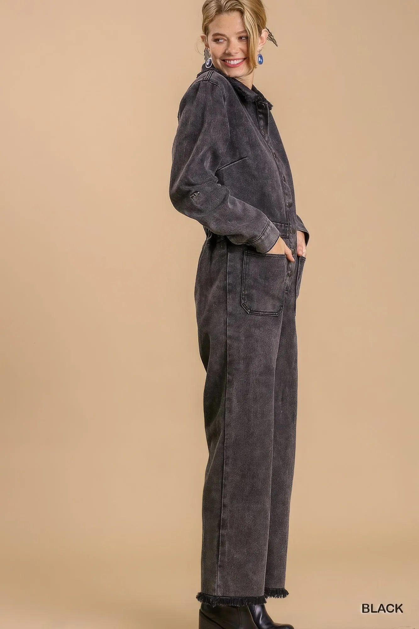 Mid button down stone wash wide leg distressed jumpsuit & side pockets with no lining sold by Gigi Laurent product image thumbnail 2