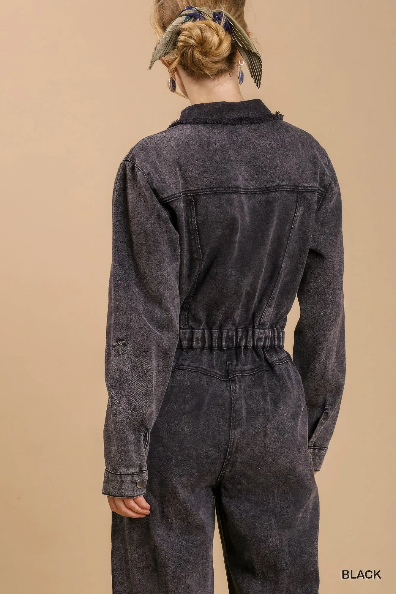 Mid button down stone wash wide leg distressed jumpsuit & side pockets with no lining sold by Gigi Laurent product image thumbnail 3