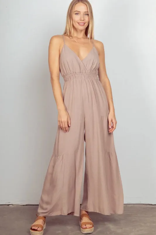 VERY J Sleeveless Ruched Wide Leg Jumpsuit sold by Gigi Laurent