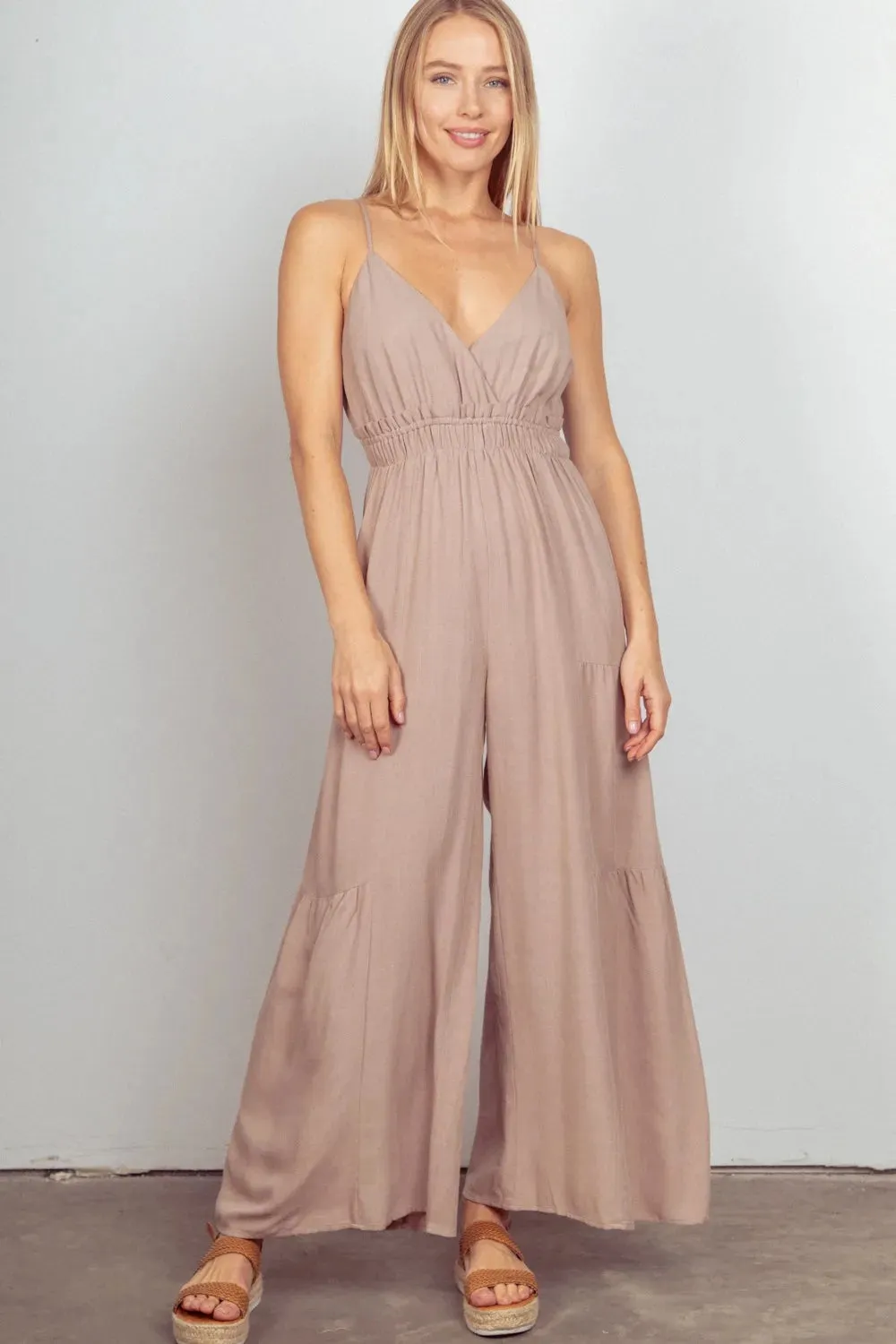 VERY J Sleeveless Ruched Wide Leg Jumpsuit sold by Gigi Laurent