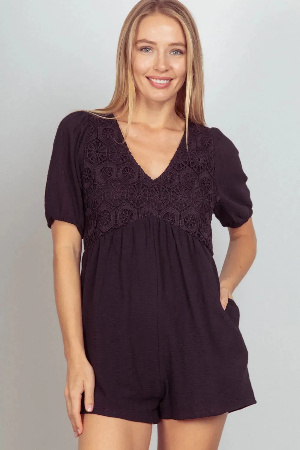 VERY J Lace Detail Puff Sleeve Romper with Pockets sold by Gigi Laurent