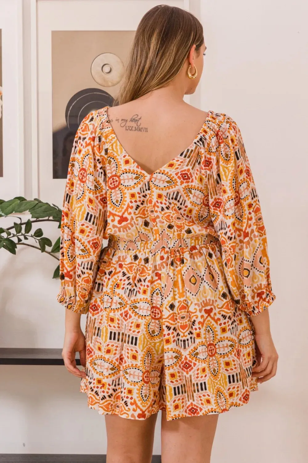 ODDI Full Size Printed Ruff Sleeve Romper with Pockets sold by Gigi Laurent product image thumbnail 2