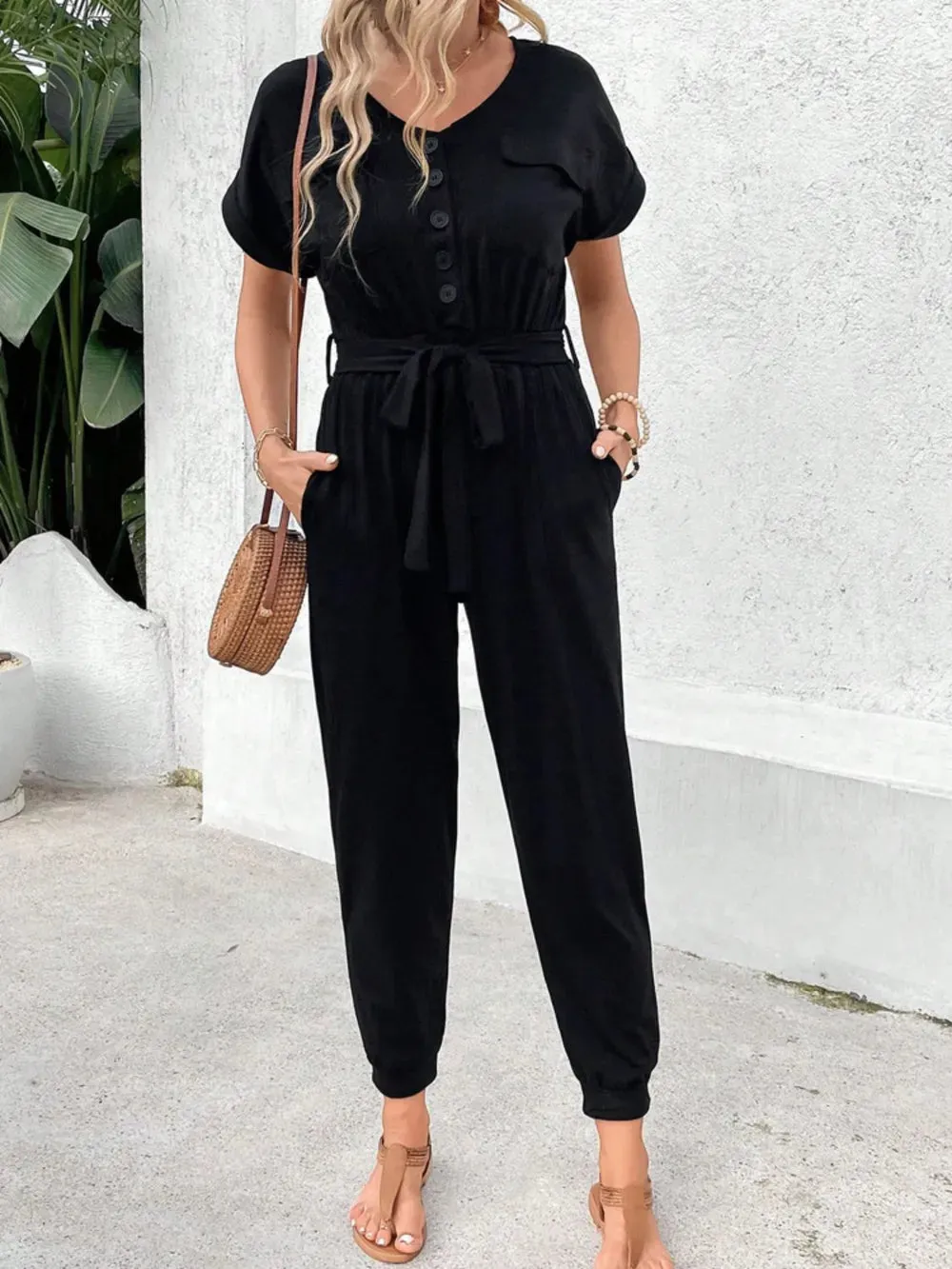 Perfee V-Neck Short Sleeve Jumpsuit sold by Gigi Laurent