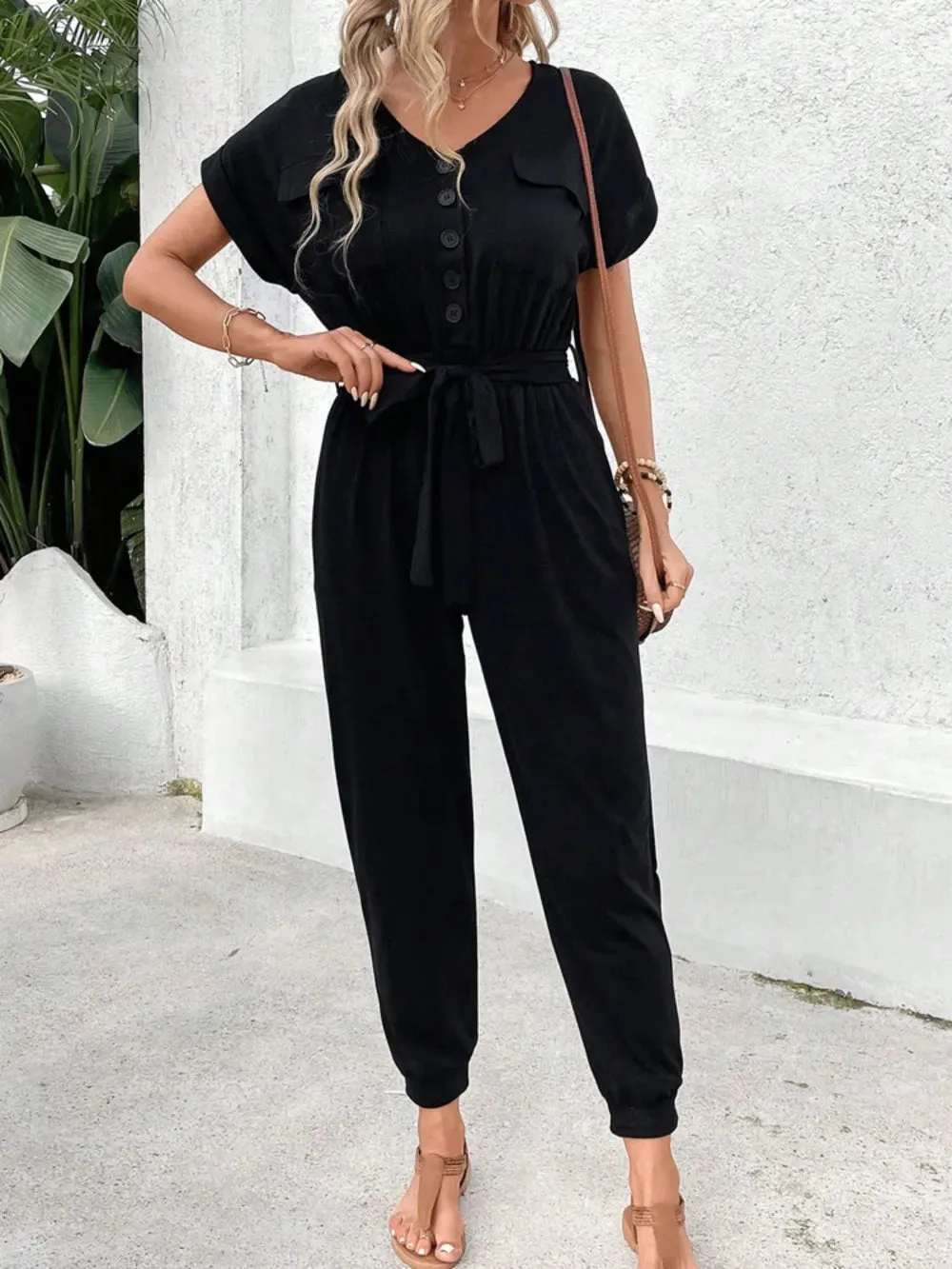 Perfee V-Neck Short Sleeve Jumpsuit sold by Gigi Laurent product image thumbnail 4