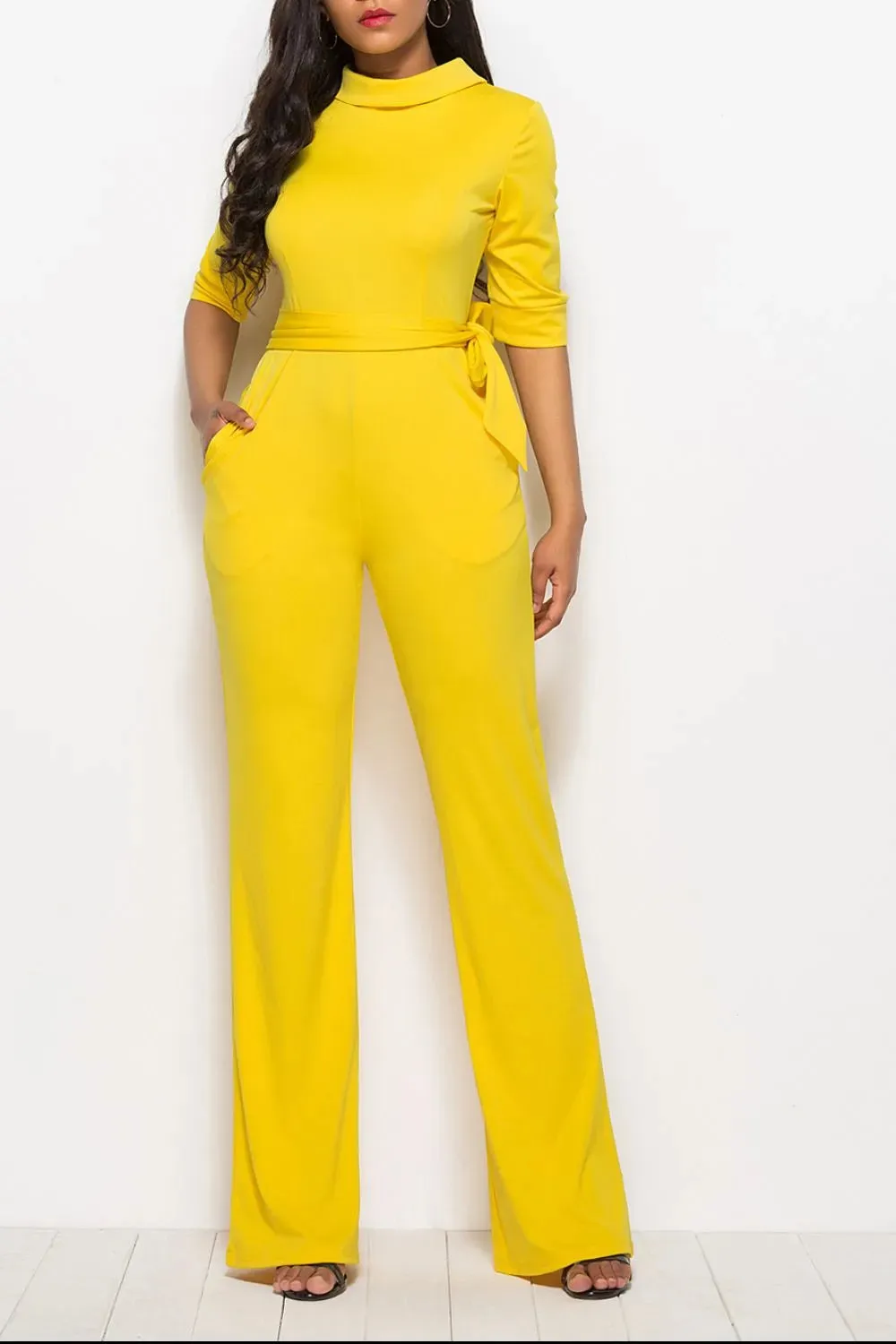 Mock Neck Tie-Waist Half Sleeve Jumpsuit sold by Gigi Laurent