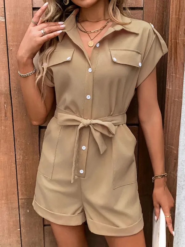 Perfee Collared Neck Tie Waist Romper with Pockets sold by Gigi Laurent