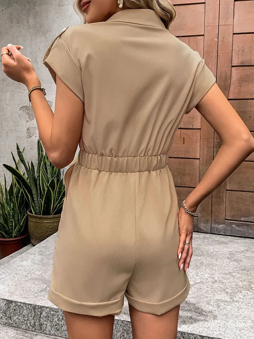 Perfee Collared Neck Tie Waist Romper with Pockets sold by Gigi Laurent product image thumbnail 2