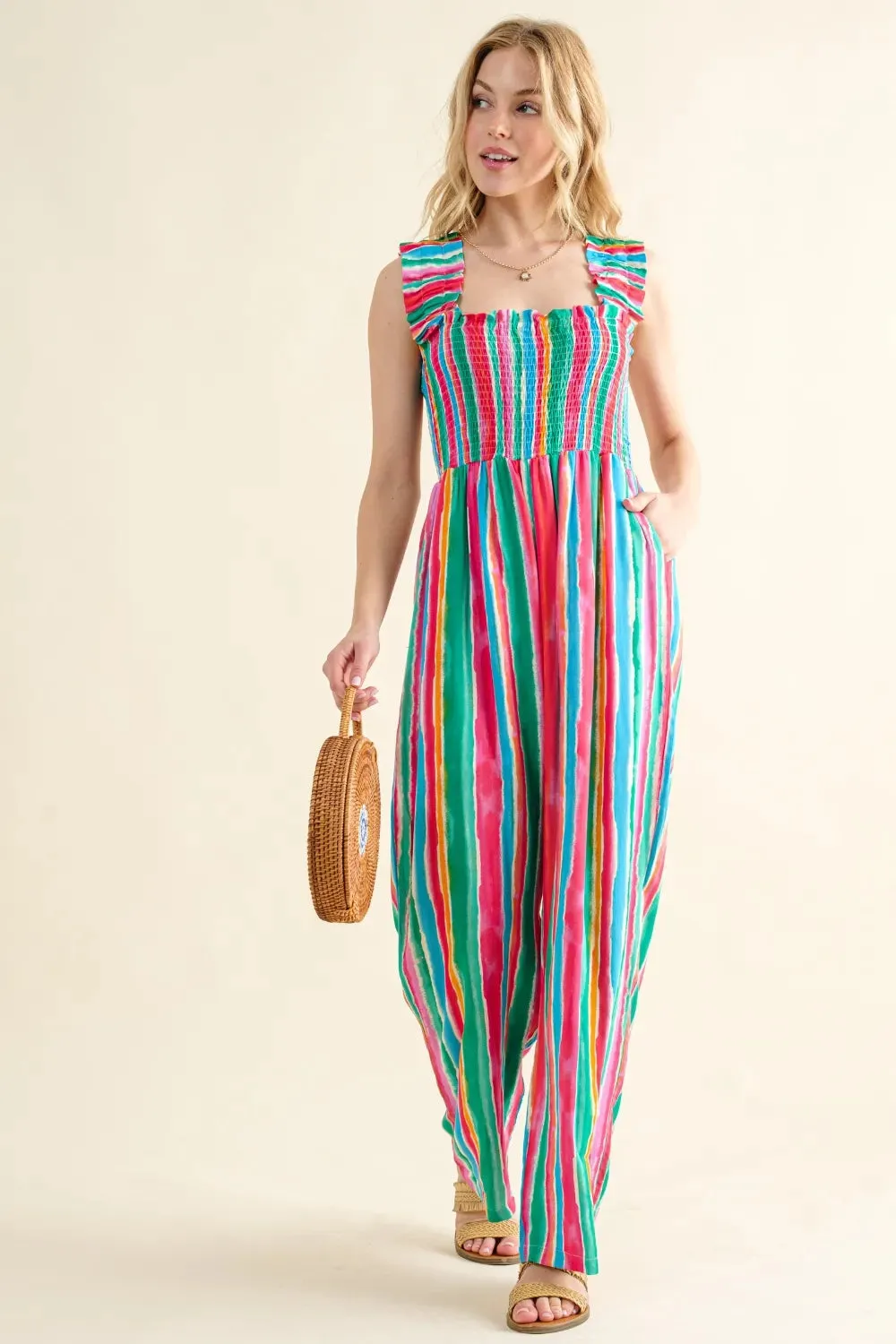 And The Why Full Size Striped Smocked Sleeveless Jumpsuit sold by Gigi Laurent