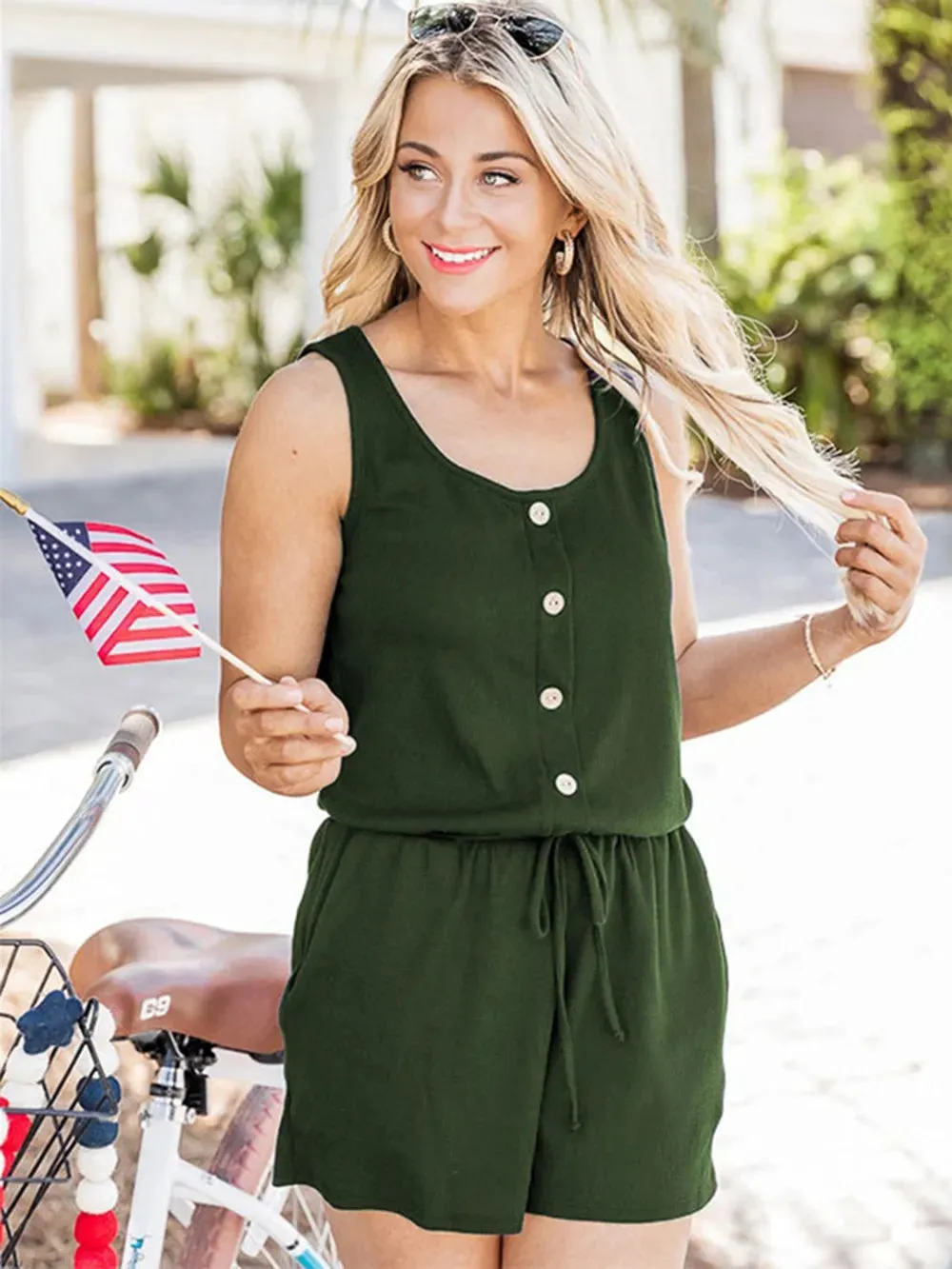 Scoop Neck Wide Strap Romper with Pockets sold by Gigi Laurent