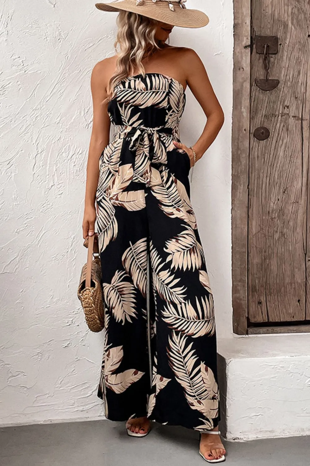 Perfee Printed Strapless Wide Leg Jumpsuit with Pockets sold by Gigi Laurent