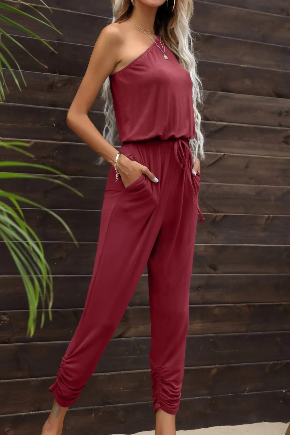 Drawstring Waist One-Shoulder Jumpsuit with Pockets sold by Gigi Laurent product image thumbnail 5