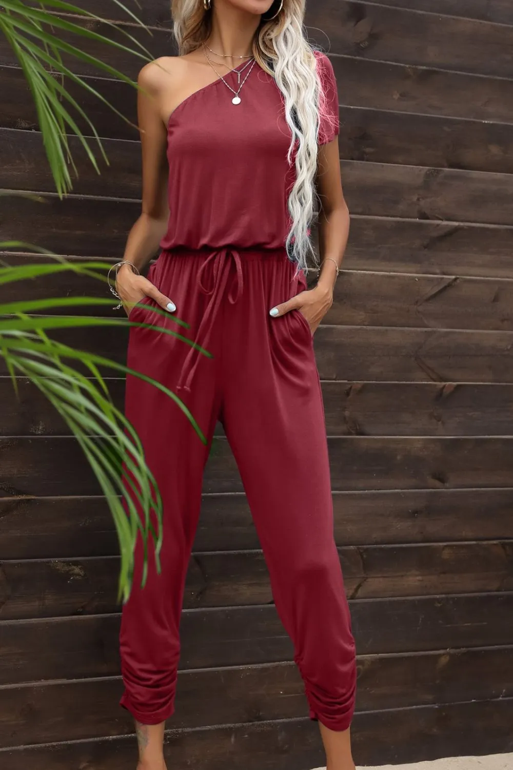 Drawstring Waist One-Shoulder Jumpsuit with Pockets sold by Gigi Laurent product image thumbnail 4