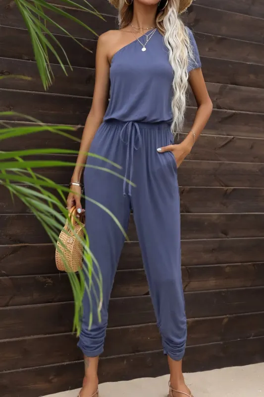 Drawstring Waist One-Shoulder Jumpsuit with Pockets sold by Gigi Laurent