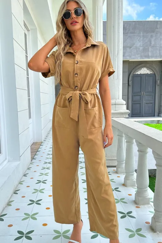 Shiny Tie Belt Buttoned Short Sleeve Collared Neck Jumpsuit sold by Gigi Laurent