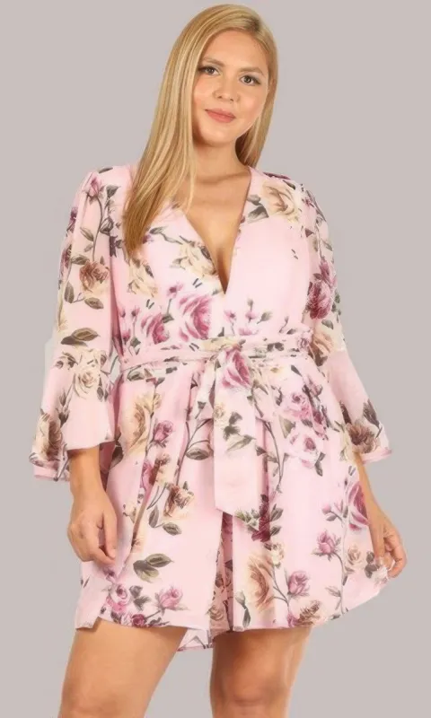 Floral Chiffon 3 4 Sleeve Tie Waist Romper sold by Gigi Laurent