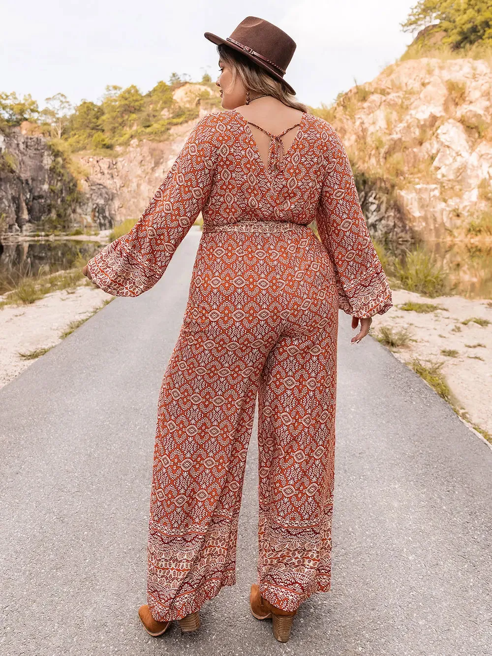 Plus Size Printed V-Neck Tie Front Balloon Sleeve Jumpsuit sold by Gigi Laurent product image thumbnail 2