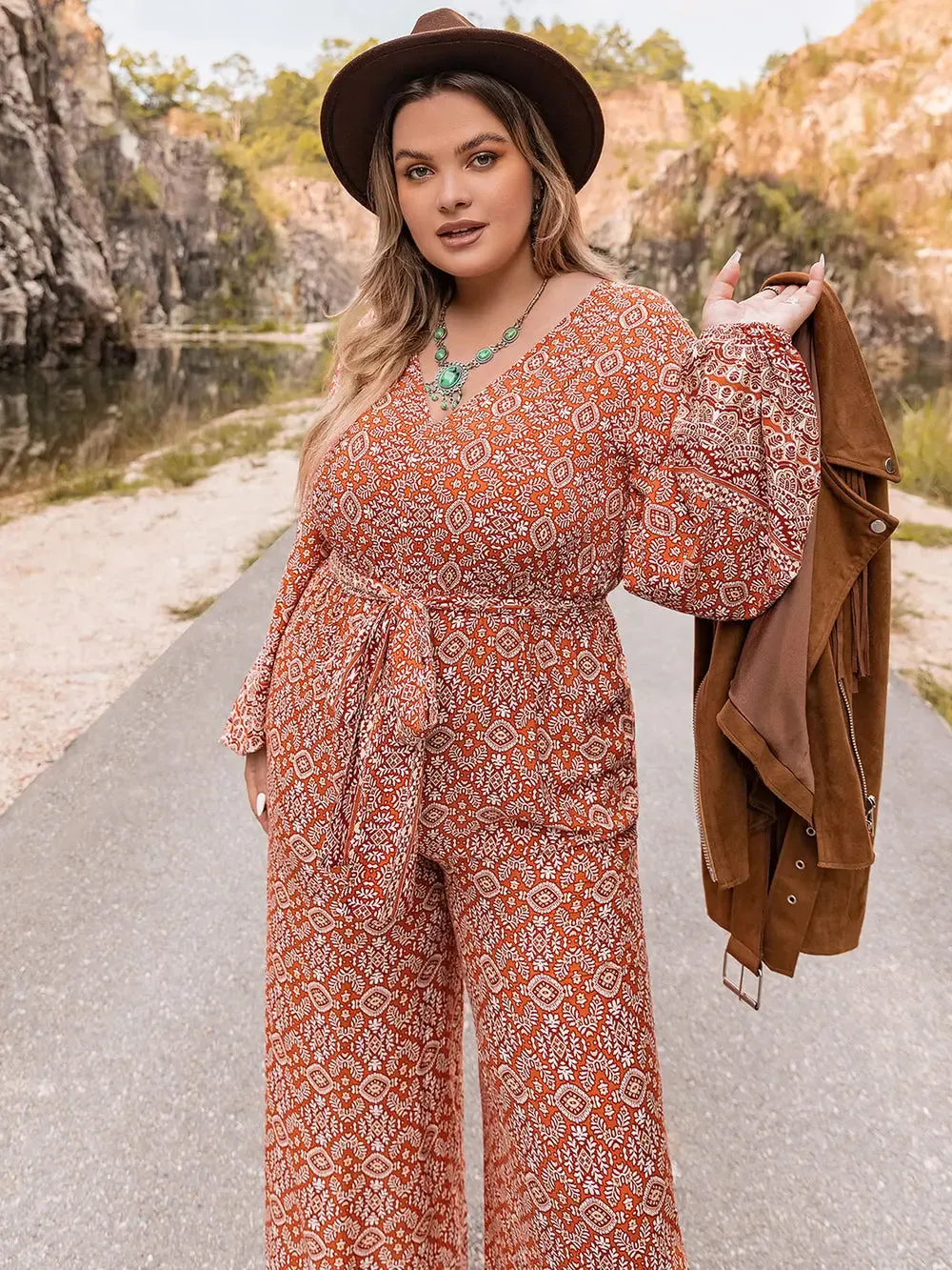 Plus Size Printed V-Neck Tie Front Balloon Sleeve Jumpsuit sold by Gigi Laurent product image thumbnail 3