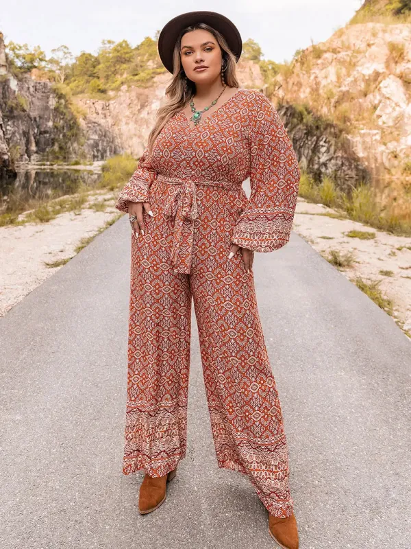 Plus Size Printed V-Neck Tie Front Balloon Sleeve Jumpsuit sold by Gigi Laurent