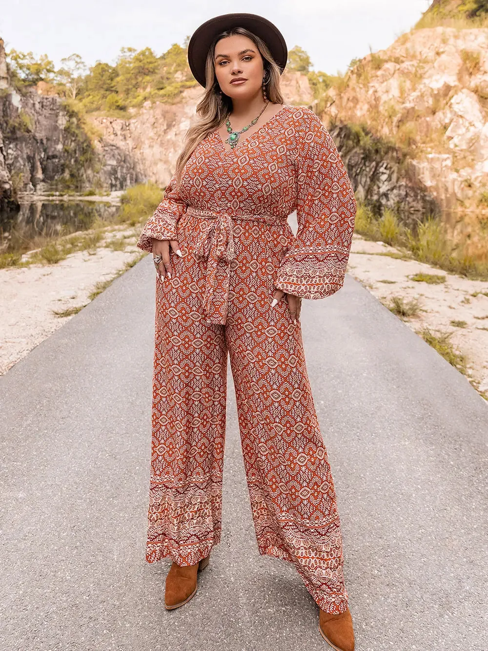 Plus Size Printed V-Neck Tie Front Balloon Sleeve Jumpsuit sold by Gigi Laurent
