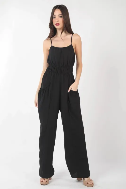 VERY J Pintuck Detail Woven Sleeveless Jumpsuit made by Trendsi