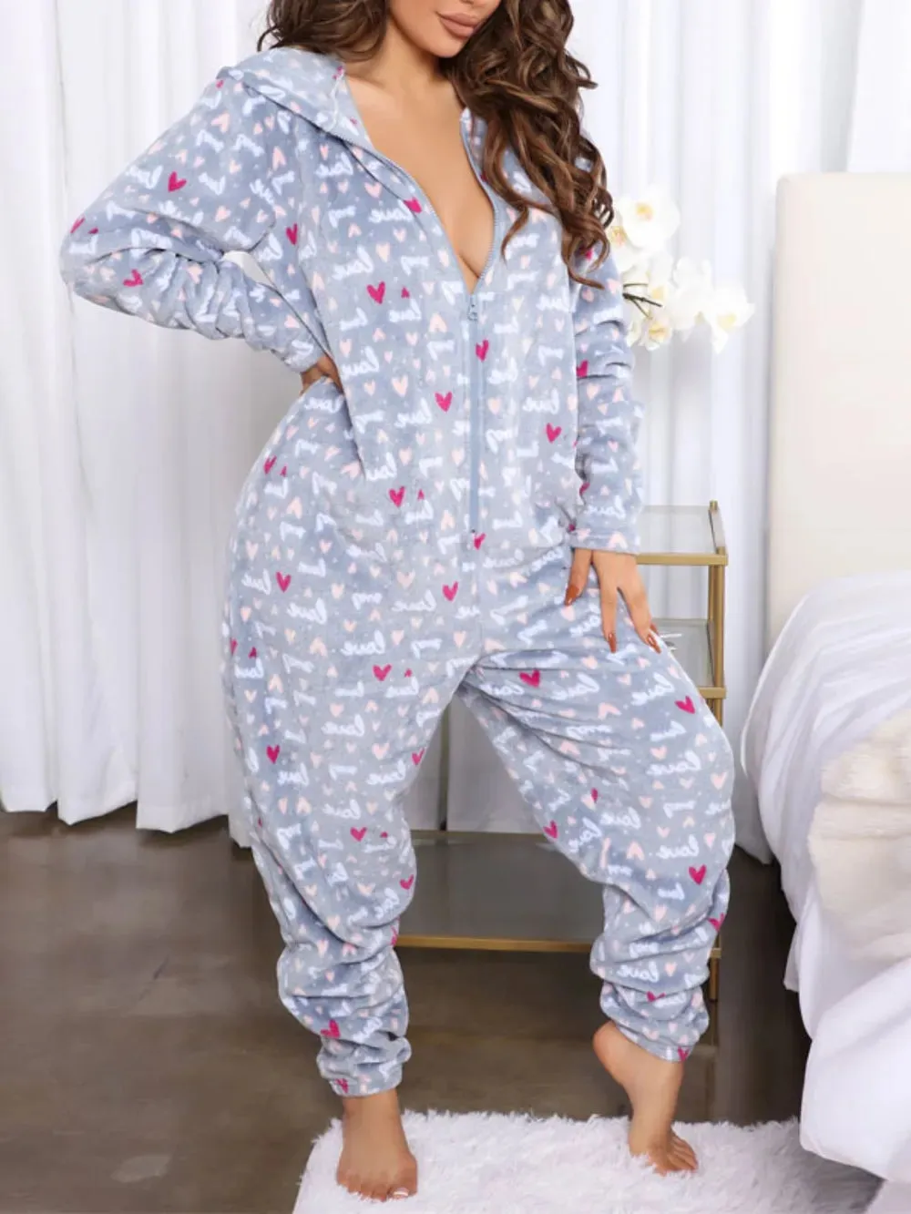 Printed Zip Up Long Sleeve Hooded Lounge Jumpsuit sold by Gigi Laurent
