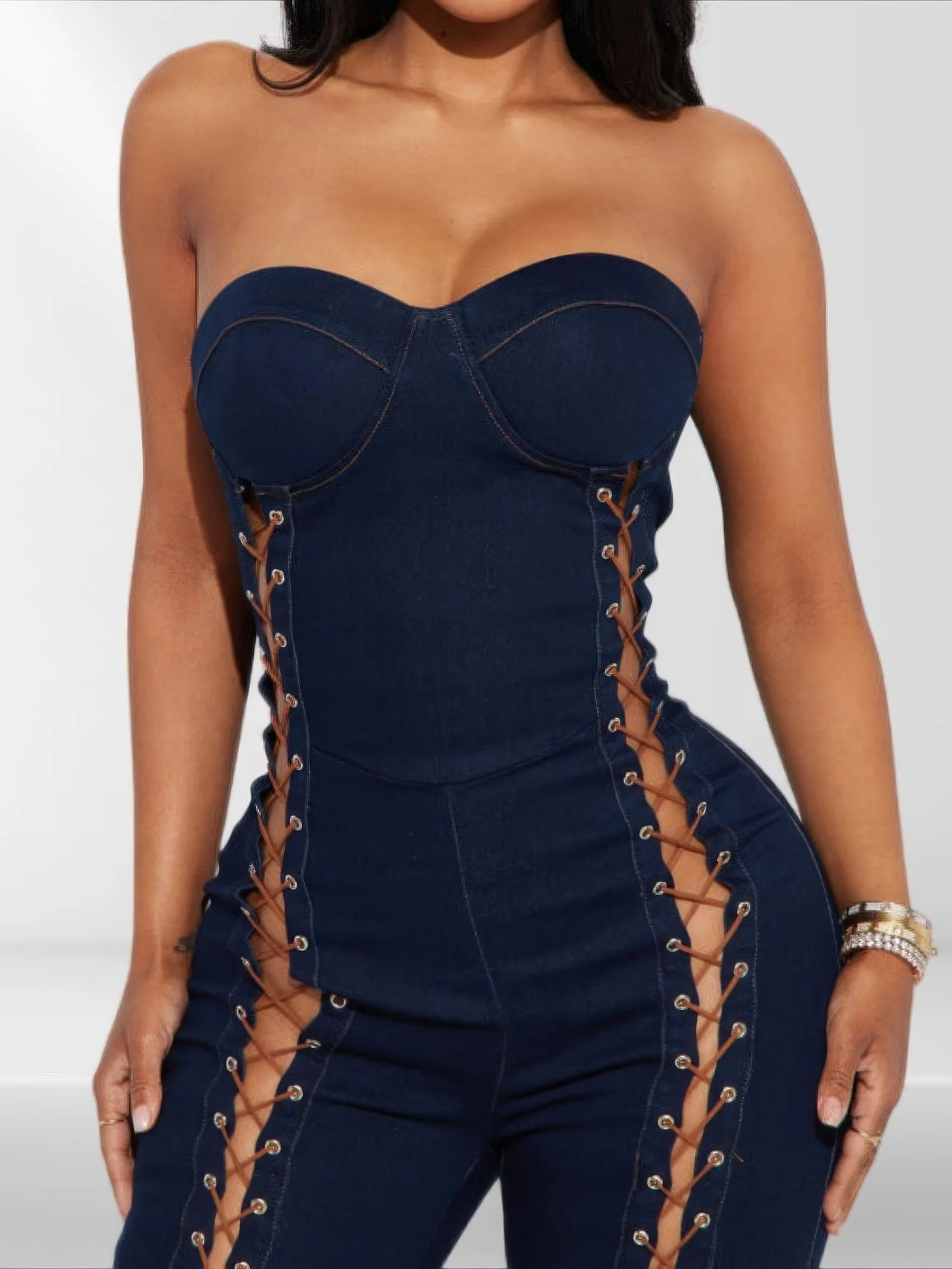 Lace Up Detail Denim Jumpsuit sold by Gigi Laurent product image thumbnail 2