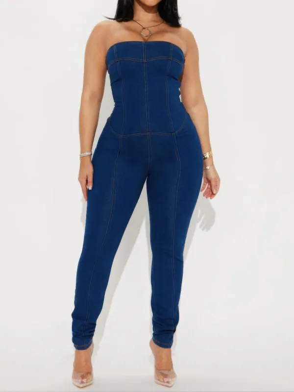 Strapless Denim Jumpsuit With Lace Up Back sold by Gigi Laurent