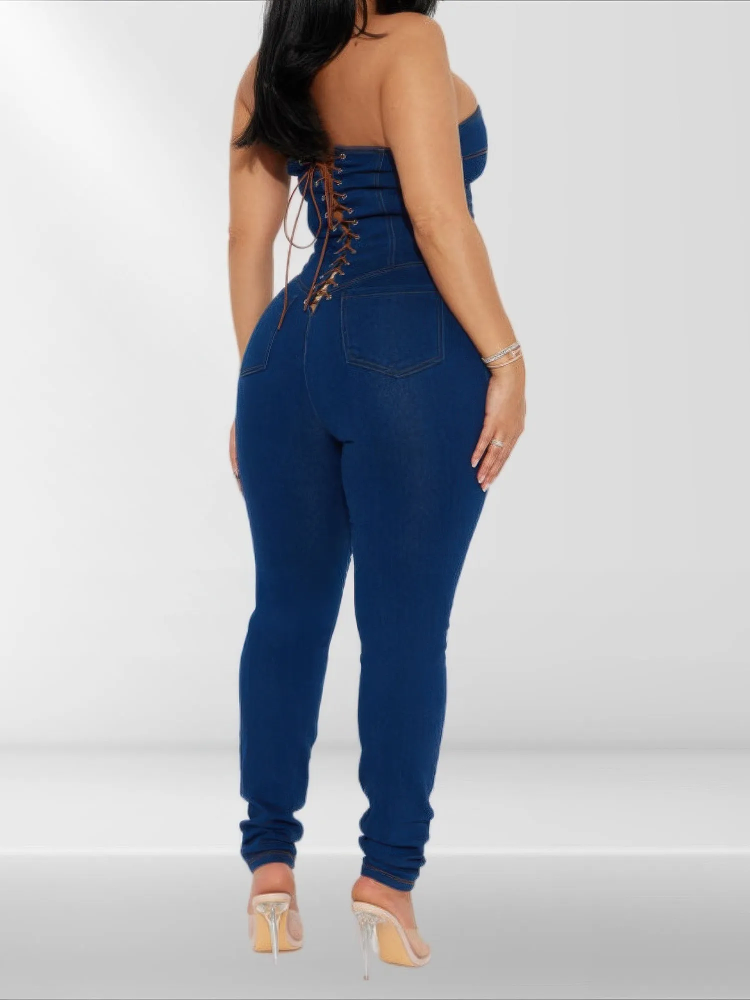 Strapless Denim Jumpsuit With Lace Up Back sold by Gigi Laurent product image thumbnail 2