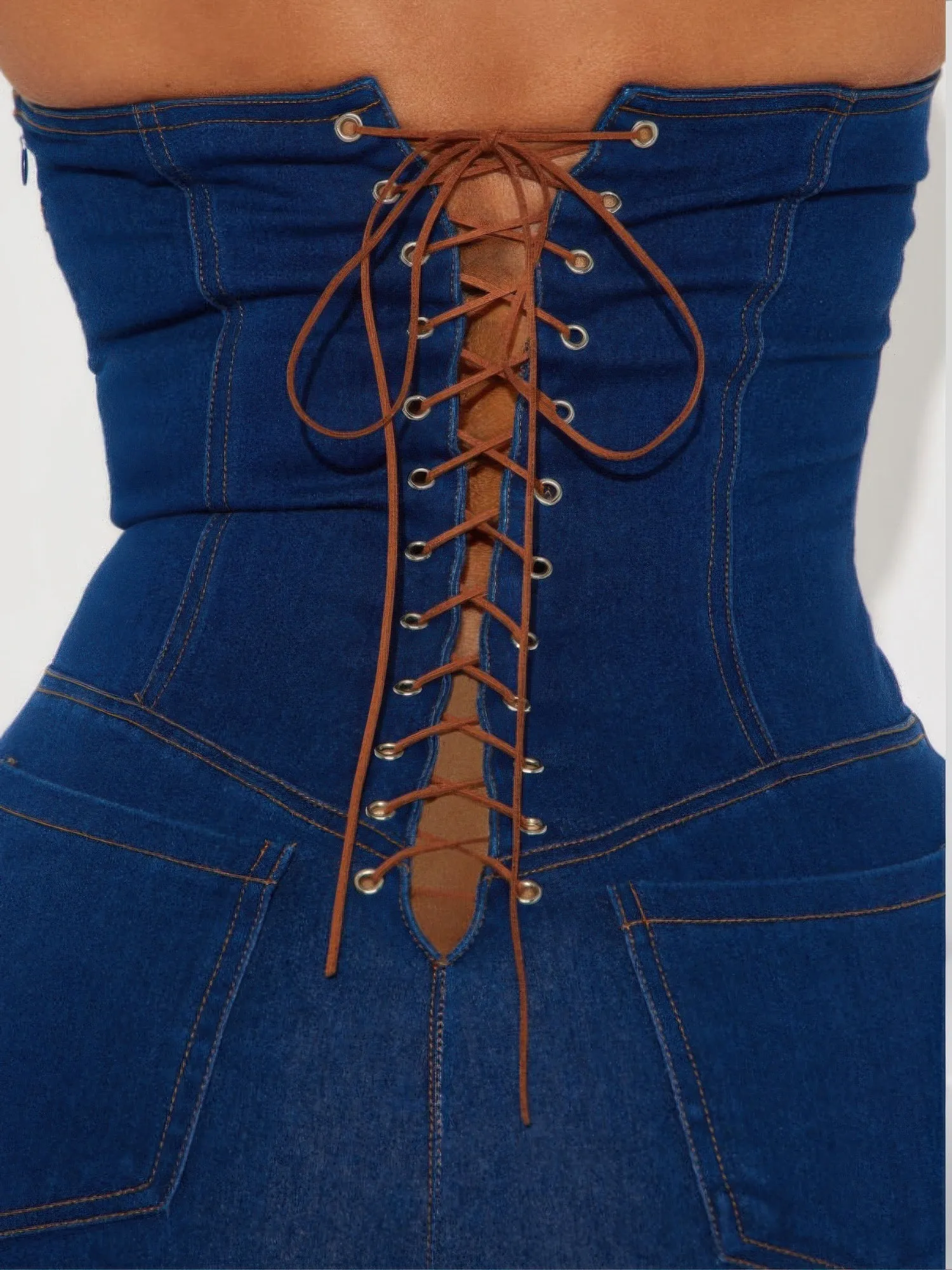 Strapless Denim Jumpsuit With Lace Up Back sold by Gigi Laurent product image thumbnail 3