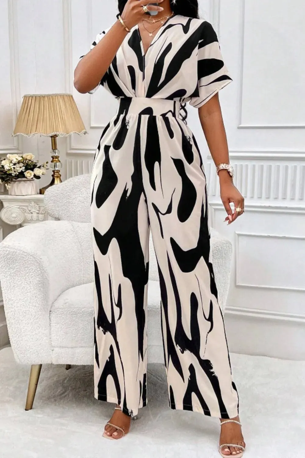 Printed V-Neck Short Sleeve Wide Leg Jumpsuit sold by Gigi Laurent product image thumbnail 3